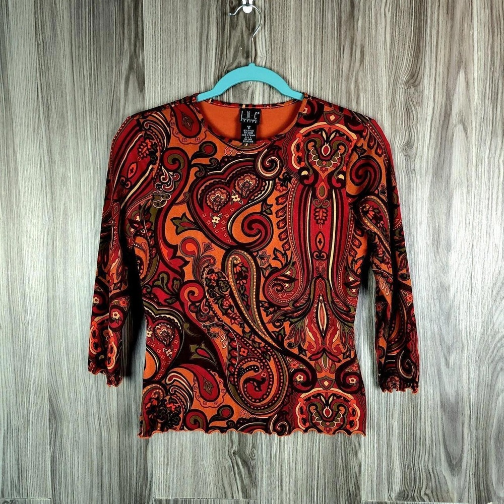 INC‎ International Concepts Paisley Tuffle Bottom 3/4 Sleeve Blouse Size Small